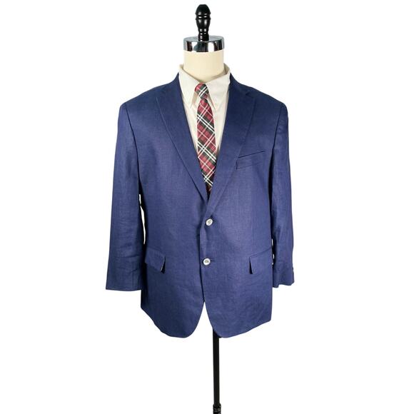 Lauren Ralph Lauren Blazer Mens 46R Navy 100% Linen Paisley Lining Two Button - Picture 1 of 13